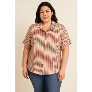 Erika Woman 2X Red Beige Stripe Button Front Short Sleeve Shirt
